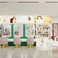 Modern Beauty Hair Salon Interior With Green White Decor Hairdressing Chairs Wig Displays Large Mirrors
