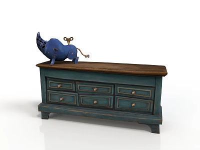 Vintage Blue Storage Cabinet With Wooden Top Multiple Drawers And Decorative Figurine 3d model