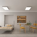 Modern Open Concept Dining Living Room Interior With White Cabinets Wooden Table And Yellow Chairs