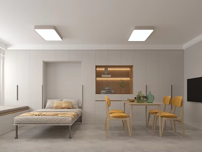 Modern Open Concept Dining Living Room Interior With White Cabinets Wooden Table And Yellow Chairs 3d model