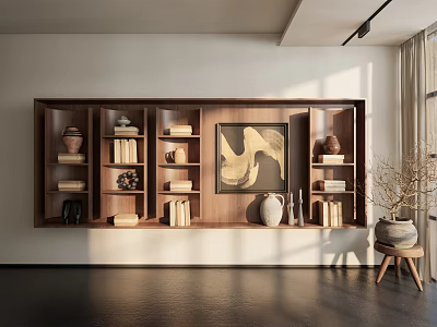 Walnut Wooden Bookshelf in Minimalist Interior with Books Decorative Items and Abstract Artwork 3d model