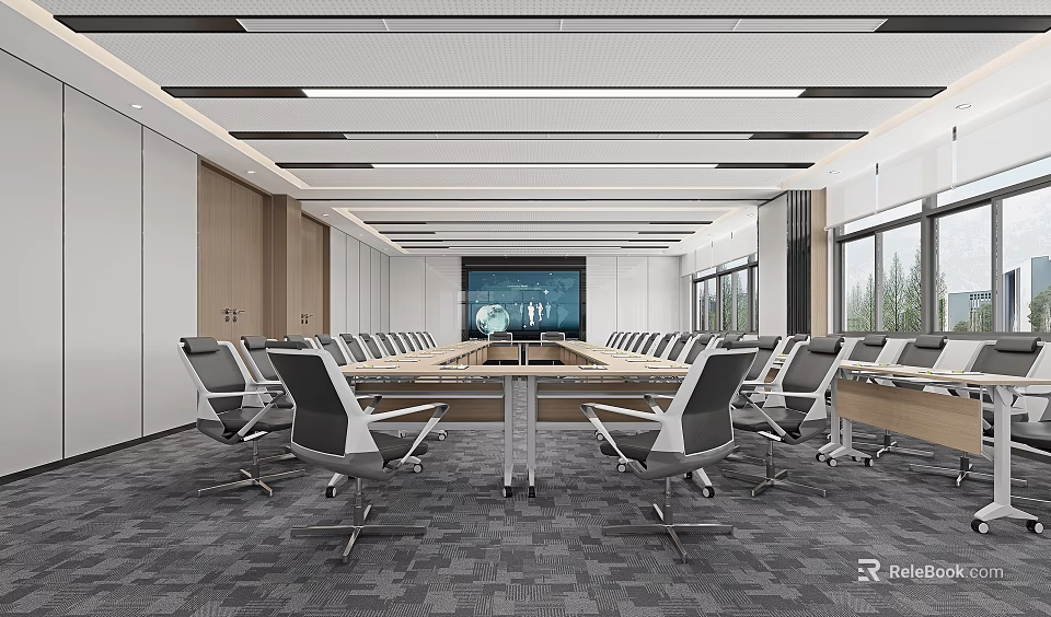 Modern Conference Room Interior Design With Long Table Chairs Projector Screen And Windows 3d model