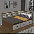 Bedroom Interior With Wooden Bed Upholstered Headboard Storage Drawers Gray Sheet Yellow Blanket Wall Art