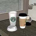 Starbucks Beverage Cups Placed On Dark Table With Lids And Tipped Cup 3d model