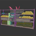 Industrial Metal Shelves Storage Unit With Rolled Items Wooden Crates And Green Boxes