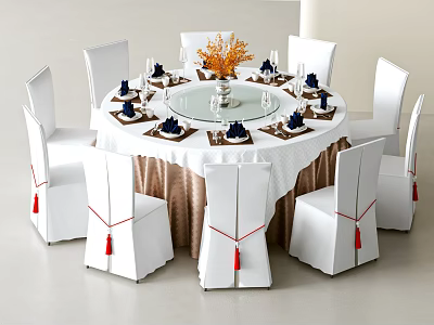 Round Dining Table Set With White Chairs Brown Covers Red Tassels Tableware And Orange Flowers 3d model