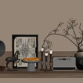 Modern Decorative Ornament Set With Abstract Art Mirror Horse Figurine Radio And Branch Vase