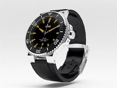 Oris Wristwatch With Black Dial Yellow Hands Numerical Markers And Black Leather Strap 3d model