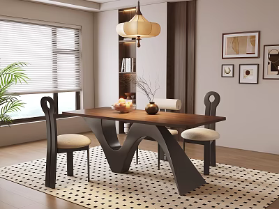 Modern Dining Room Interior Featuring Wooden Table Upholstered Chairs Pendant Light Artwork And Area Rug 3d model