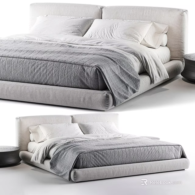 Modern Double Bed With Gray Frame White Pillows And Bedside Round Stool 3d model 