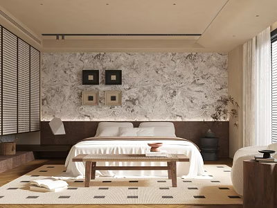 Serene Bedroom With Stone Textured Wall Wooden Slats White Bedding And Geometric Rug 3d model