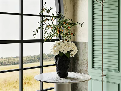 Textured Black Vase With White Hydrangeas And Green Foliage On Marble Table By Large Window 3d model