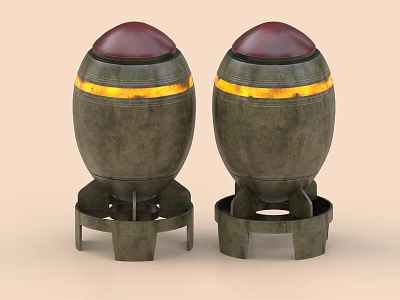 Two Metal Bombs With Red Tops And Yellow Stripes On Stands 3d model