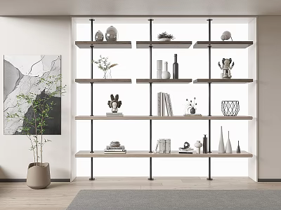 Modern Minimalist Bookshelf Interior With Decorative Items Books Vases And Sculptures Near Potted Plant 3d model
