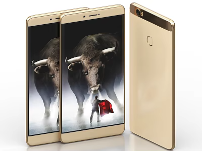 Three Golden Smartphones With Front Screen Display Image And Back Design Features 3d model