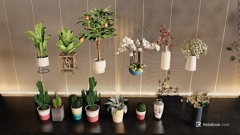 Assorted Bonsai And Potted Plants With Hanging Planters And Colorful Pots 3d model 