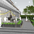 Modern Commercial Landscape With Building Logo Hanging Yellow Lanterns Flower Pots Trees And Lawn