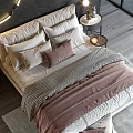 Double Bed With Soft Pillows And Modern Bedding In Sea View Bedroom With Circular Lights