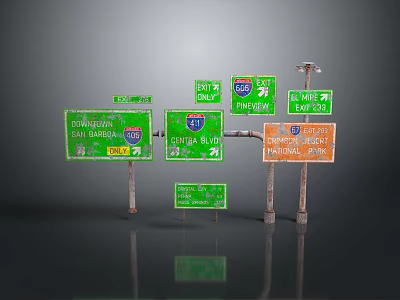 Green And Orange Highway Road Signs With Direction Indicators Distance Markers And Location Names 3d model