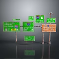 Green And Orange Highway Road Signs With Direction Indicators Distance Markers And Location Names