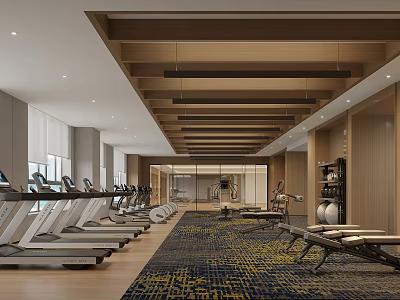 Modern Spacious Fitness Gym With Treadmills Weightlifting Equipment Carpet And Wooden Ceiling 3d model