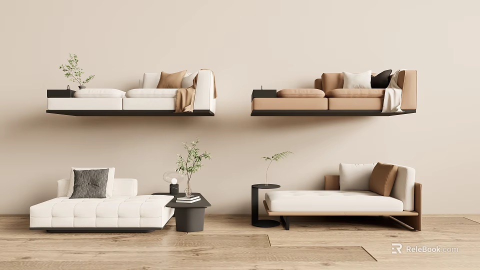 Modern Chaise Lounges In Minimalist Living Room With Pillows And Plants 3d model 