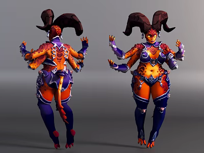 Game Fantasy Character With Large Horns Orange Red Skin Purple Armor Tail And Decorative Details 3d model