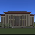 Chinese Traditional Style Office Building With Eaves Exterior And Lawn Garden