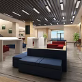 Public Service Hall Modern Interior With Red Blue Sofas Green Plants Strip Lights Service Counters 3d model