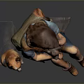 The Woman Sitting With Two Dogs In Blue Shirt Denim Shorts Brown Boots And Backpack