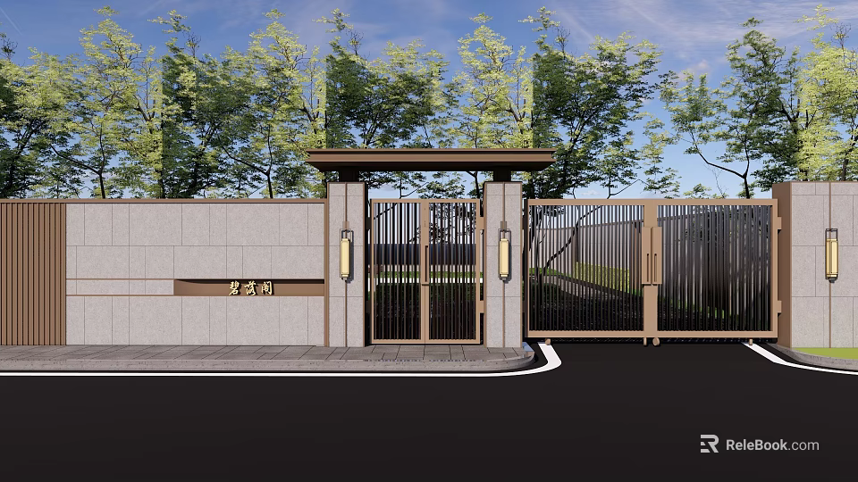 Building Exterior Wall With Stone Texture Modern Metal Gate And Green Trees Surrounding 3d model 