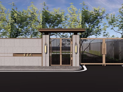 Building Exterior Wall With Stone Texture Modern Metal Gate And Green Trees Surrounding 3d model