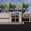 Building Exterior Wall With Stone Texture Modern Metal Gate And Green Trees Surrounding