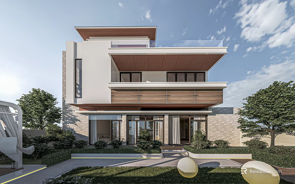 Modern Two Story Detached Villa With Wooden Roof Terrace And Courtyard Green Plants 3d model 