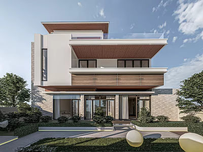 Modern Two Story Detached Villa With Wooden Roof Terrace And Courtyard Green Plants 3d model