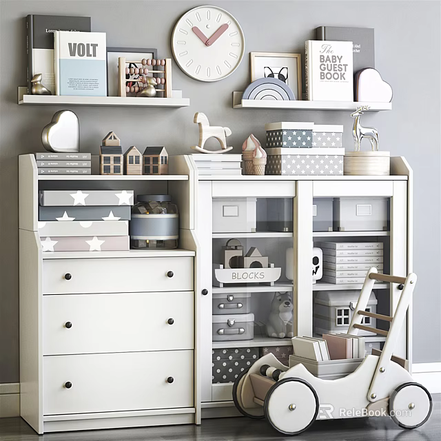 White Decorative Cabinet in Kids Room with Mini House Models Storage Boxes and Books 3d model 