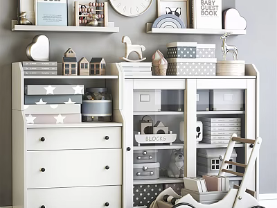 White Decorative Cabinet in Kids Room with Mini House Models Storage Boxes and Books 3d model