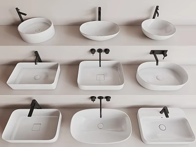 Modern Ceramic Countertop Washbasins Featuring Round Square Oval Shapes And Black Faucets 3d model