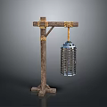 Medieval Torture Device With Wooden Frame Metal Cage And Rope Suspension