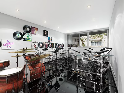 School Music Classroom With Drum Sets Percussion Instruments And Vinyl Decorations 3d model