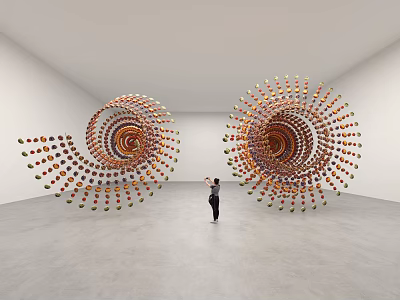 Large Spiral Art Installation With Colorful Spheres In Gallery Space With Person Viewing 3d model