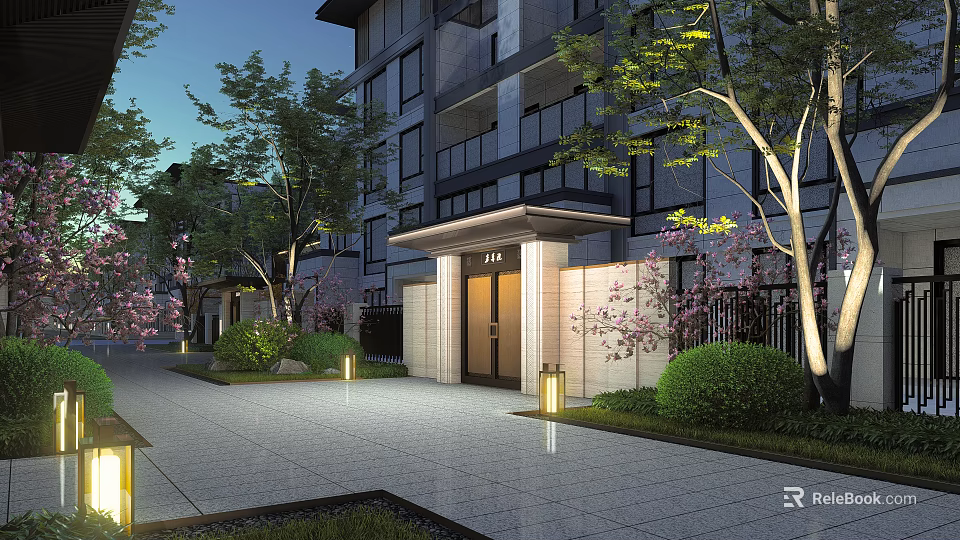 Modern Residential Building Entrance Gate With Paved Pathway Trees Shrubs And Lighting 3d model 