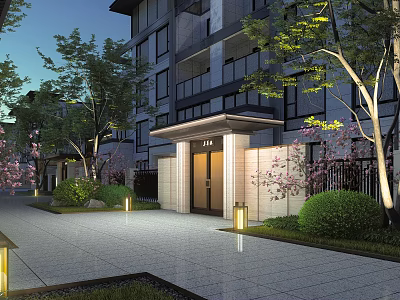 Modern Residential Building Entrance Gate With Paved Pathway Trees Shrubs And Lighting 3d model