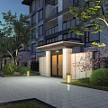 Modern Residential Building Entrance Gate With Paved Pathway Trees Shrubs And Lighting