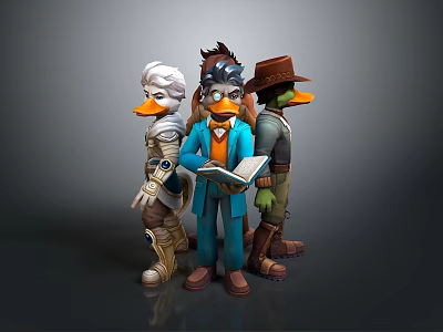 Three Cute Cartoon Duck Figurines With Hats And Book For Home Decoration Items 3d model