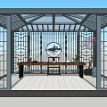 Modern Pavilion With Gray Metal Frame Lattice Windows And Interior Table Chairs Vase Plants