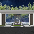 Modern Entrance Gate Design With Green Trees Water Fountain And Night Sky
