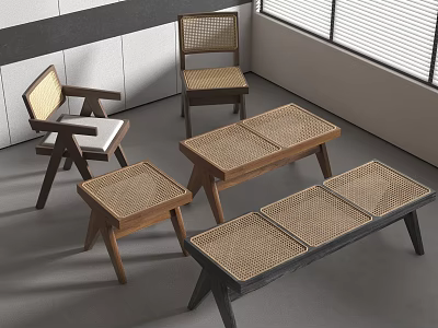 Stylish Modern Indoor Stools And Benches With Wicker Seats Wooden Frames 3d model