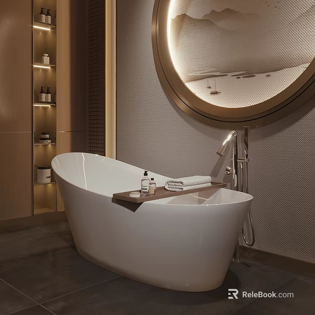Modern Freestanding Bathtub with Round Mirror Wooden Shelves and Towels in Elegant Bathroom Interior 3d model 
