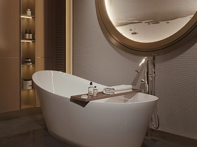 Modern Freestanding Bathtub with Round Mirror Wooden Shelves and Towels in Elegant Bathroom Interior 3d model